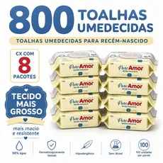 Caixa com 8 Lenços/Toalhas Umedecidas Puro Amor Recém-Nascidos c/100 Unidades Cada – Tampa FlipTop - Tecido mais espesso