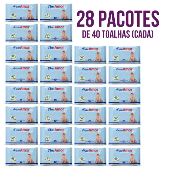 Caixa com 28 Lenços/Toalhas Umedecidas Puro Amor c/ 40 Unidades Cada – Econômico