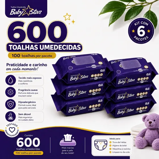 Caixa com 6 Lenços/Toalhas Umedecidas Baby Star c/ 100 Unidades Cada - Sem Tampa FlipTop