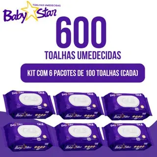 Caixa com 6 Lenços/Toalhas Umedecidas Baby Star Roxa c/ 100 Unidades Cada – Sem Tampa FlipTop
