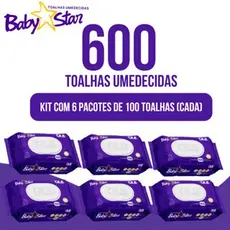 Caixa com 6 Lenços/Toalhas Umedecidas Baby Star Roxa c/ 100 Unidades Cada – Sem Tampa FlipTop