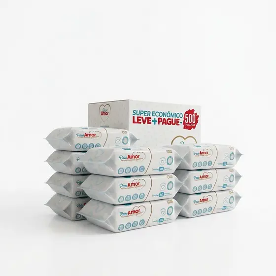 Box Puro Amor Premium com 500 Lenços/Toalhas Umedecidas - Tampa FlipTop
