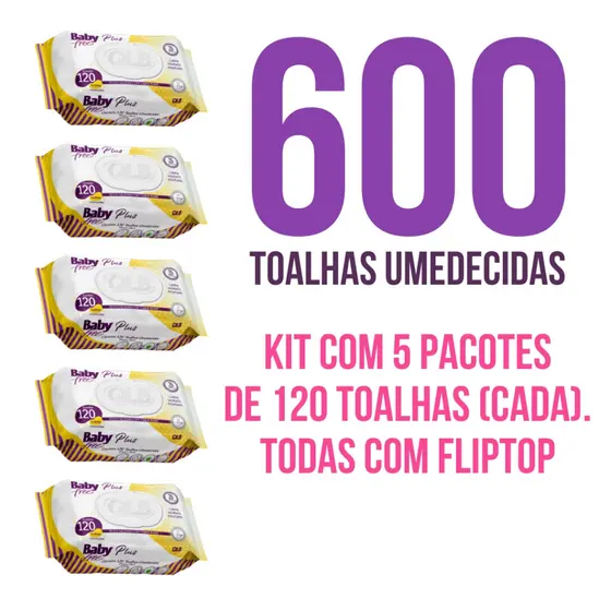 Caixa com 5 Lenços/Toalhas Umedecidas Baby Free Plus c/ 120 Unidades Cada - Sem Tampa FlipTop
