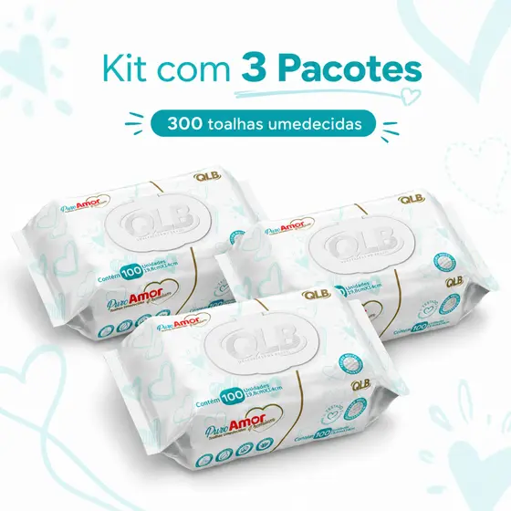 Kit 03 Pacotes Toalhas Umedecidas Puro Amor Premium com 100 Unidades Cada – Tecido Mais Grosso