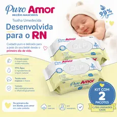 Kit com 2 Lenços/Toalhas Umedecidas Puro Amor Recém-Nascidos c/100 Unidades Cada – Tampa FlipTop