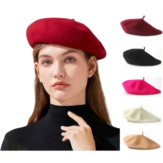 Boina Francesa Clássica Chapéu Gorro Retrô Feminina Vintage Elegante Lã Preto Vermelho