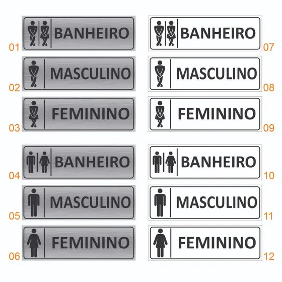 Placa Sinalização Porta Banheiro WC Lavabo Masculino Feminino Unissex PVC  Fita Dupla Face 29 x 9 cm
