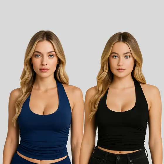 Kit 2 Blusas Cropped Feminina Costa Nua Frente Única Franzido Lateral Suplex Premium com Forro no Busto