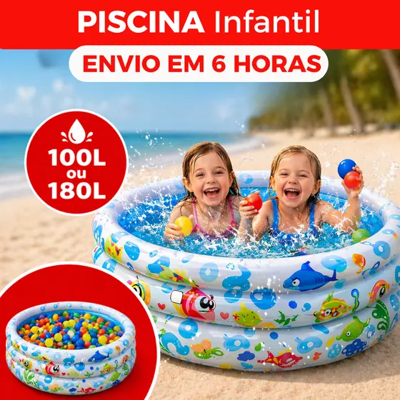 Piscina Infantil Inflável 3 Anéis 100 e 180 Litros Fundo Do Mar Para Crianças Bebes Campo Praia
