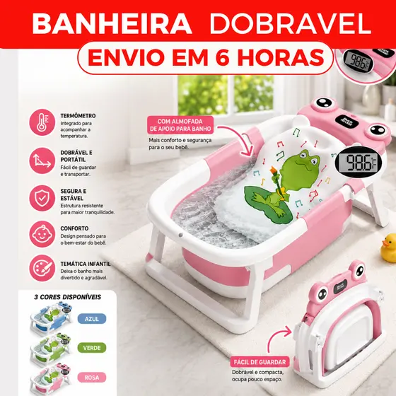 Banheira Bebê Dobrável Portátil Com Termômetro Compacta Segura Divertida Temática Infantil