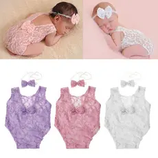 Baby Photography Props Backless Hollow Bowknot Lace Romper Newborn Girls Outfit