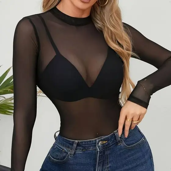 Blusa feminina Blusinha manga longa transparente gola alta Casual