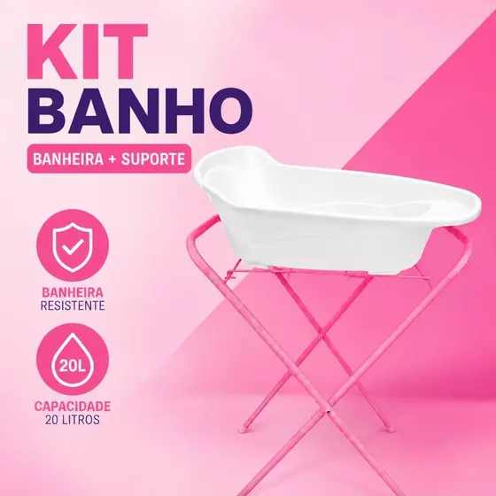 Kit Banho Infantil Banheira 20L e Suporte Várias Cores Menino Menina ou Pet Resistente 2 Itens