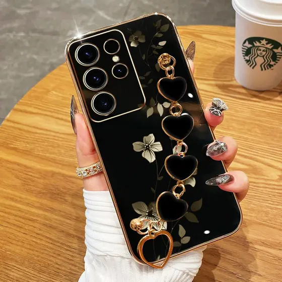 Capa Para Samsung Galaxy S24 S25 S26 Plus Ultra FE S24 + S25 + S26 + Plantas Trepadeiras Elegantes Com Pulseira De Amor
