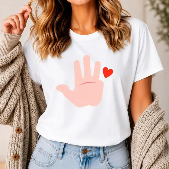 Camiseta Feminina Mão Vermelha Estampa Minimalista Poliflex