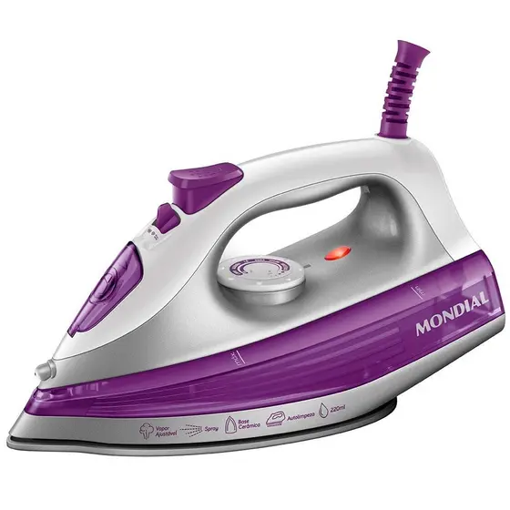 Ferro a Vapor Mondial FVN-01-P com Spray e Base Cerâmica Diamante  Branco/Roxo - 127 v