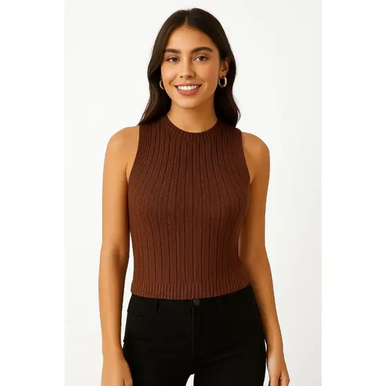 Blusa regata gola redonda detalhes tricot modal moda feminina verão