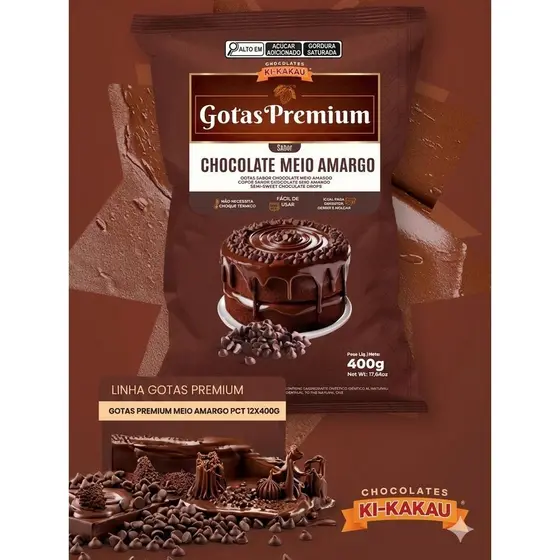 Cobertura de Chocolate Gotas Premium Meio Amargo 400g para Confeitaria