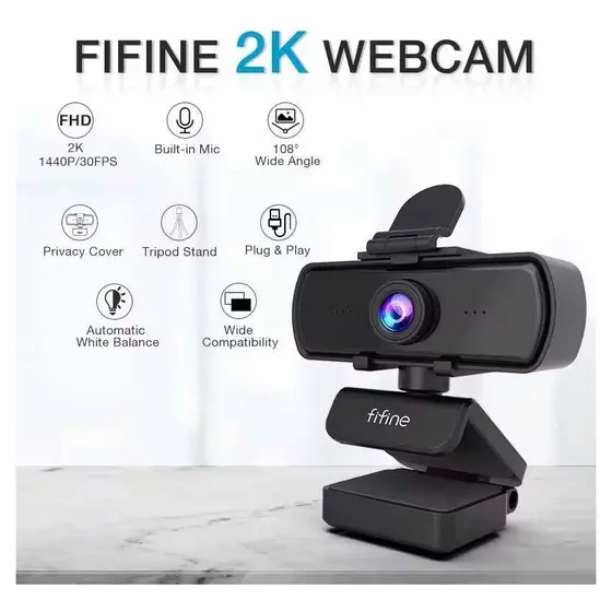 Webcam Fifine K420 2k 1440p C/ Tripe E Microfone Embutido Cor Preto