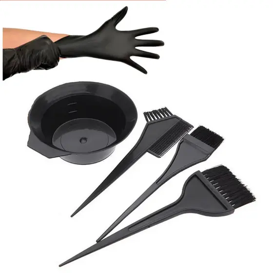 Kit Pincel Pote Pintura +  luvas sem pó Coloração Cabelo 03 Pincéis Tigela Pente Tinta De Cabelo Cor Preta profissional