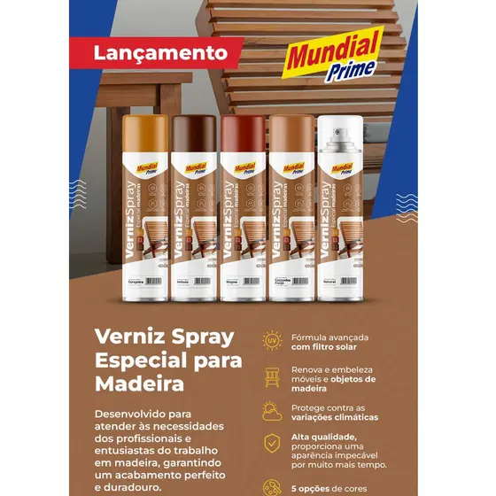 Verniz Spray Especial para Madeiras 400ml Mundial Prime