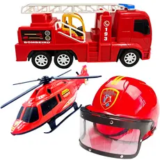 Kit Bombeiro Capacete Caminhão Helicóptero 3 Brinquedos Infantil Carrinhos Carro Meninos
