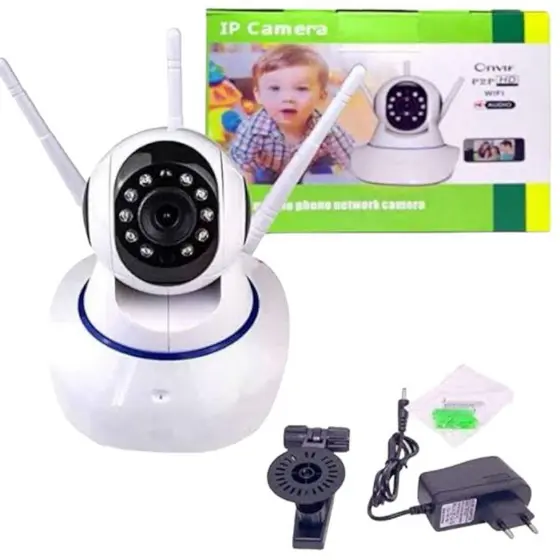câmera wi-fi robô 3 antenas Yoosee visão noturna full HD 360º microfone áudio babá eletrônica robozinho sem fio - Bivolt