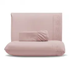 Kit Lençol Cama Casal e Queen com Fronhas em Bordado Inglês - 400 fios Micropercal 03 Peças Macio