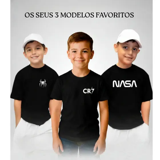 Kit 3 Camisetas 30.1 Infantis Premium  Modelos NASA Spider e CR7 Algodão de Alta Qualidade