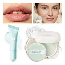 Conjunto Lakerain 2 Unidades : Pó Compacto De Desfoque Para Controle De Óleo + Máscara Labial Refrescante , Fosco E Cuid