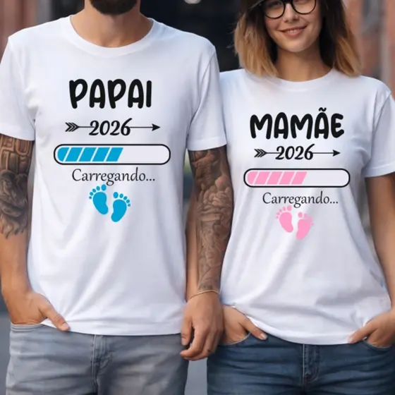 Camisa Casal Papai Mamãe 2026 Kit 2 Blusas Esperando Bebê - Grávida Carregando...