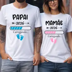 Camisa Casal Papai Mamãe 2026 Kit 2 Blusas Esperando Bebê - Grávida Carregando...