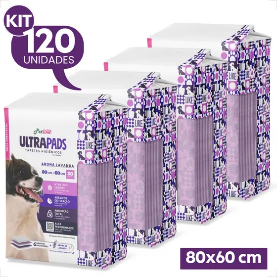 Kit 4 Tapete Higiênico PetLike Ultra Pads Lavanda 80x60 - 120 Unidades