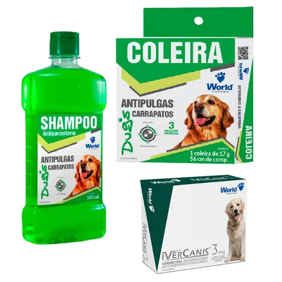 Kit Antiparasitários World - Coleira Antipulgas Carrapatos, Ivercanis, Shampoo Antipulgas