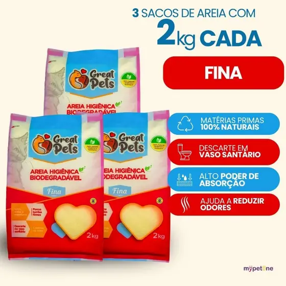 Kit 3 Areia Biodegradável Fina 2 Kg para Gatos - Great Pets