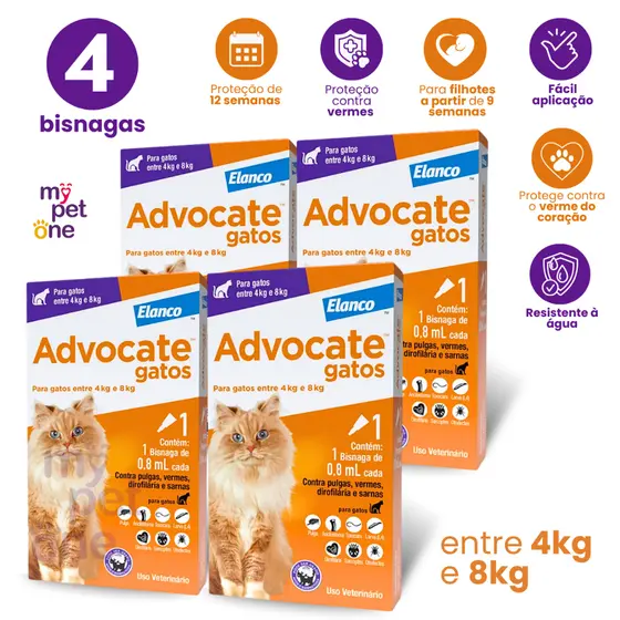 Kit 4 Antipulgas Advocate Elanco 0,8 mL para Gatos de 4 a 8 Kg - 1 Bisnaga