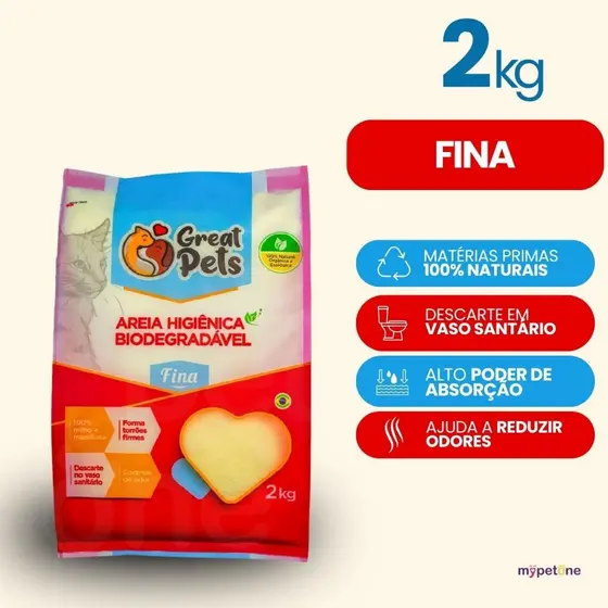 Areia Great Pets para Gatos Biodegradável Fina - 2 Kg