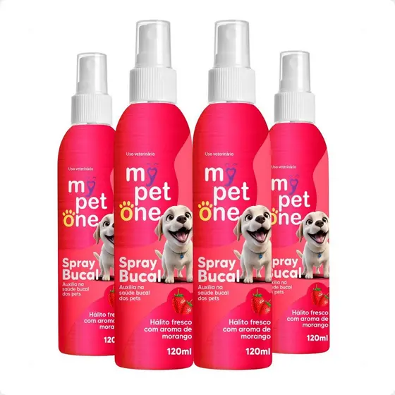Kit 4 Spray Bucal Morango para Cães e Gatos Mypetone - 120mL