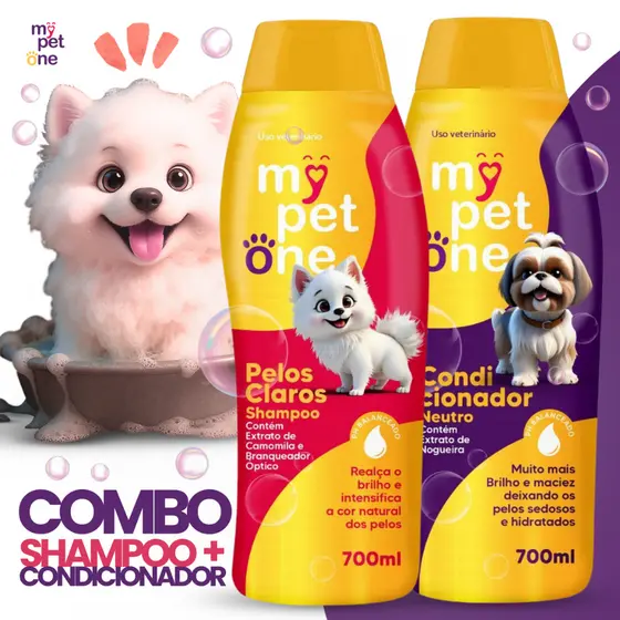 Kit Shampoo Premium 700 mL Pêlos Claros + Condicionador Cães e Gatos Mypetone