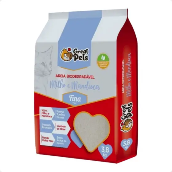 Areia Biodegradável Fina 3,8 Kg para Gatos - Great Pets