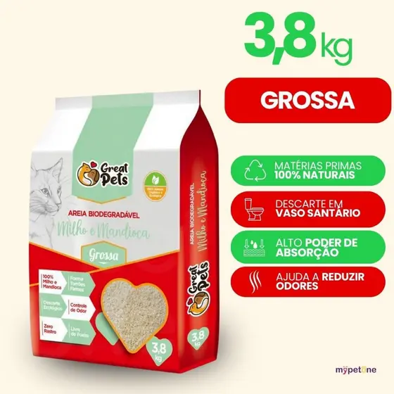 Areia Biodegradável Grossa 3,8 Kg para Gatos - Great Pets
