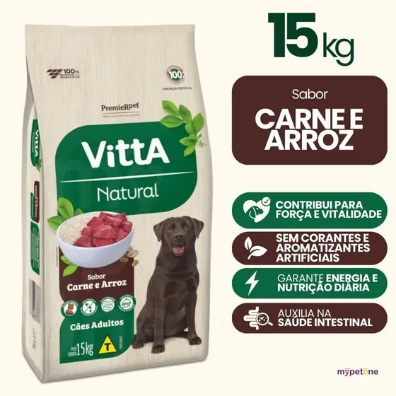Ração Premier Vitta Natural 15kg Cães Adultos Carne e Arroz Nutrição Completa