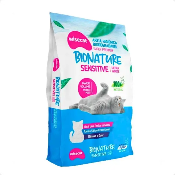 Areia Gato Wisecat Bionature Fina 2kg - Ultra Absorção, Sem Poeira e Torrão Firme