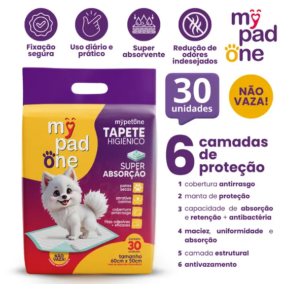 Tapete Higiênico Premium Slim para Caes MyPadOne 60x50 cm Ultra Absorção Envio Imediato - 30 Unidades