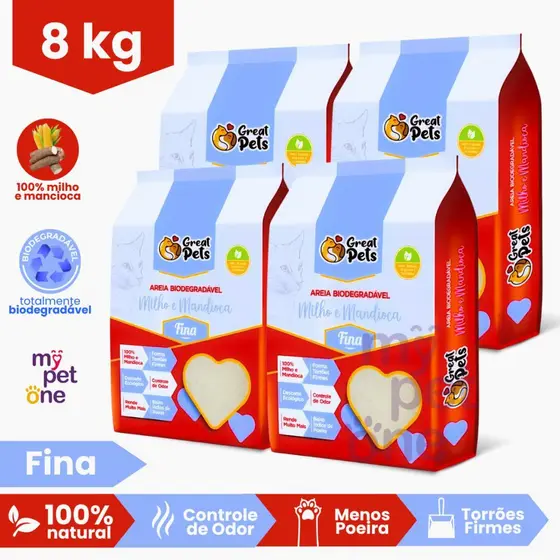Areia Great Pets para Gatos Biodegradável Fina - 2Kg a 8Kg
