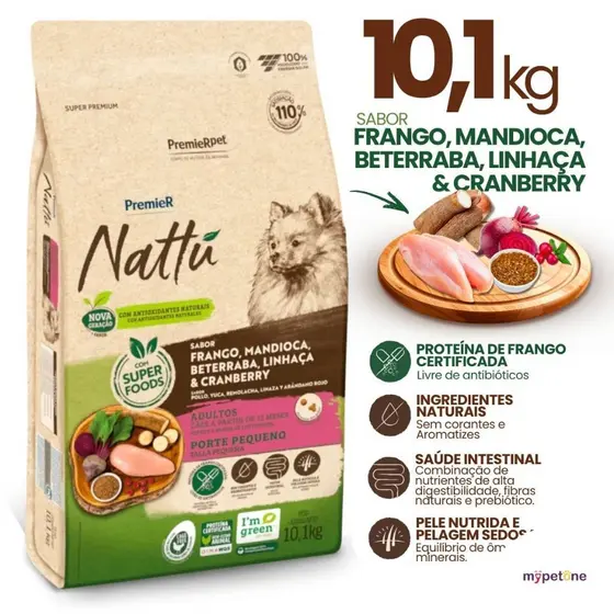 Ração PremieR Nattú 10,1kg Cães Adultos de Pequeno Porte Sabor Mandioca