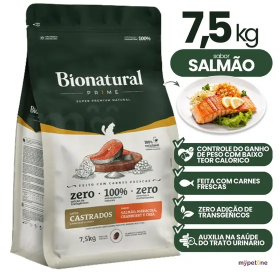 Ração Seca Bionatural Prime Salmão Gatos Castrados 7,5kg