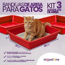 Kit com 3 Bandeja de Areia Higiênica Simples Vermelho para Gatos