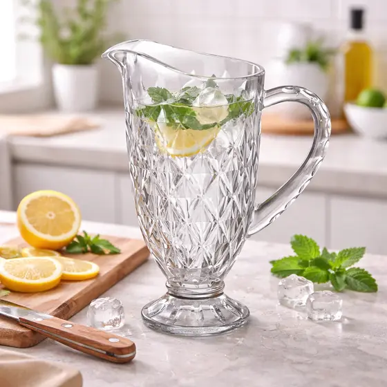 Jarra De Vidro Diamond Alça Reforçada 1200ml Suco Agua Drinks Chá Luxo Transparente Elegante