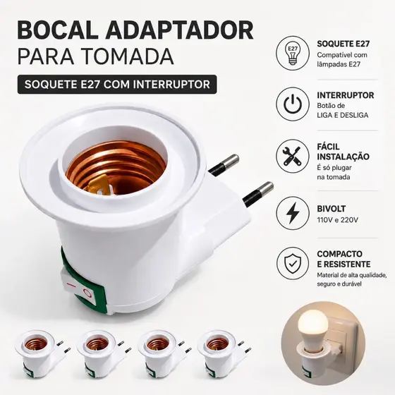 Bocal Soquete Para Tomada Com Botão Interruptor Adaptador E27